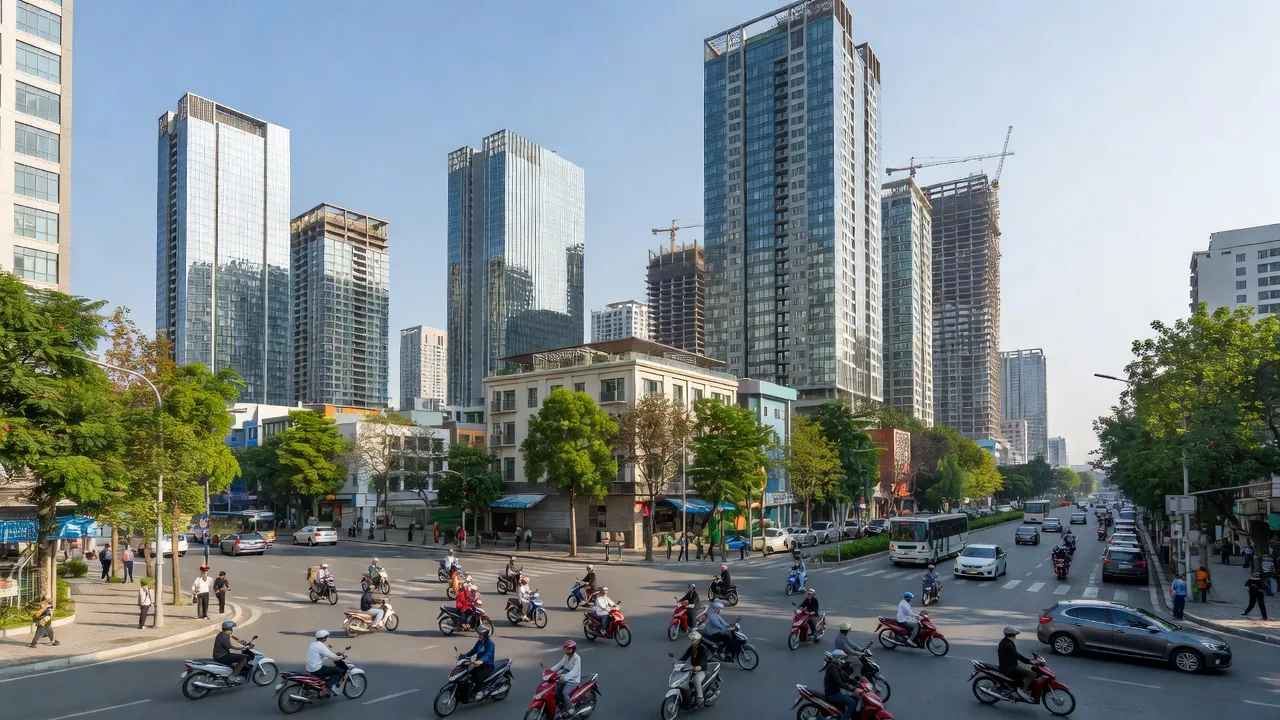 Phường Cầu Diễn, Quận Nam Từ Liêm, Hà Nội với kiến trúc hiện đại và hoạt động đô thị sôi động.