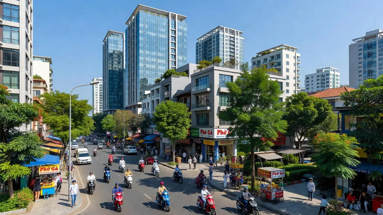 Cảnh quan hiện đại ở Phường Mễ Trì, Quận Nam Từ Liêm, Hà Nội với các tòa nhà và cây xanh.
