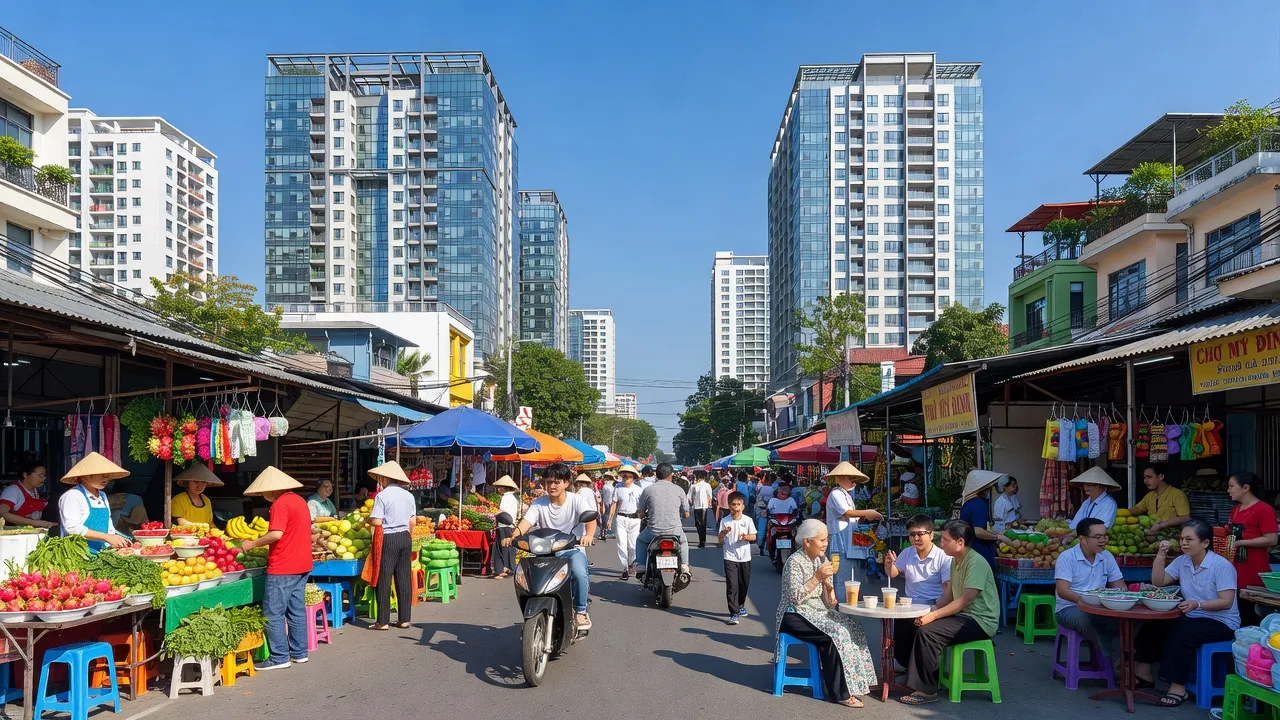Khung cảnh nhộn nhịp tại Phường Mỹ Đình 1, Quận Nam Từ Liêm, với các tòa nhà hiện đại và cuộc sống hằng ngày.