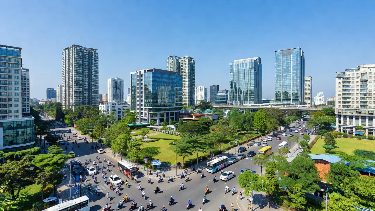 Khung cảnh phường Tây Mỗ, quận Nam Từ Liêm, Hà Nội với giao thông và khu đô thị hiện đại.