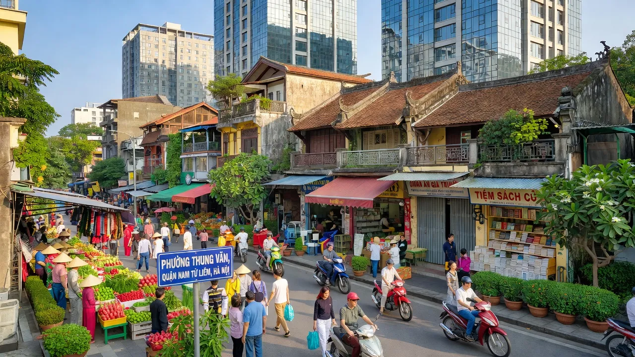 Phường Trung Văn, Quận Nam Từ Liêm, Hà Nội with vibrant street life and modern architecture.