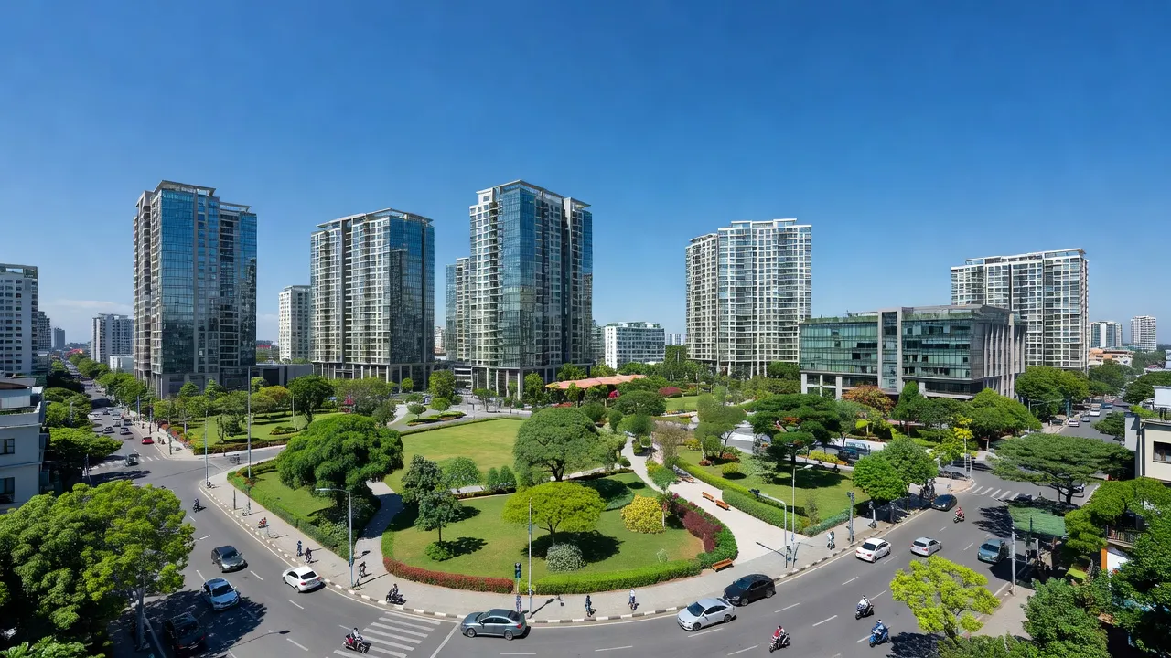 Xuân Phương, Nam Từ Liêm, Hà Nội với cảnh quan đô thị hiện đại và trời trong xanh.