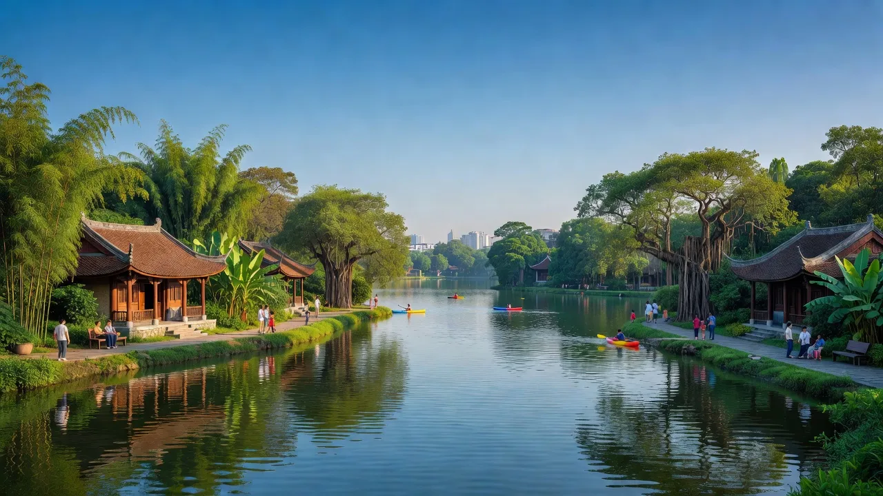 Khung cảnh quận Tây Hồ với hồ Tây, cây xanh và nhà truyền thống tại Hà Nội.