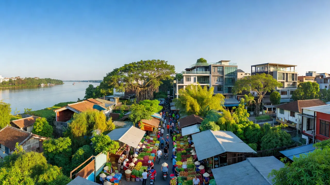 Khung cảnh phường Bưởi, Quận Tây Hồ, chợ Bưởi truyền thống và nhà cửa hiện đại, Hà Nội.