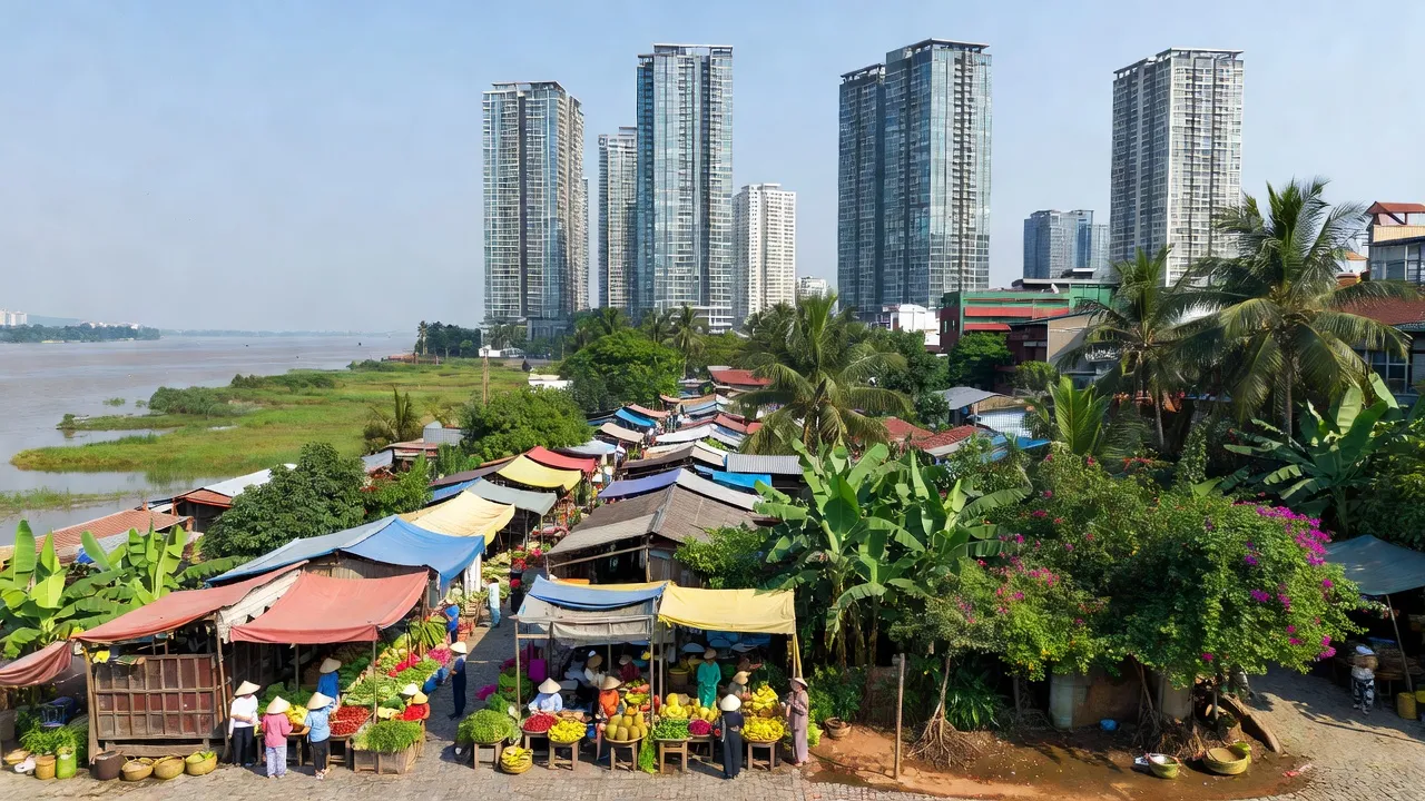 Phong cảnh Phường Bưởi, Quận Tây Hồ, Hà Nội với chợ truyền thống và nhà hiện đại.