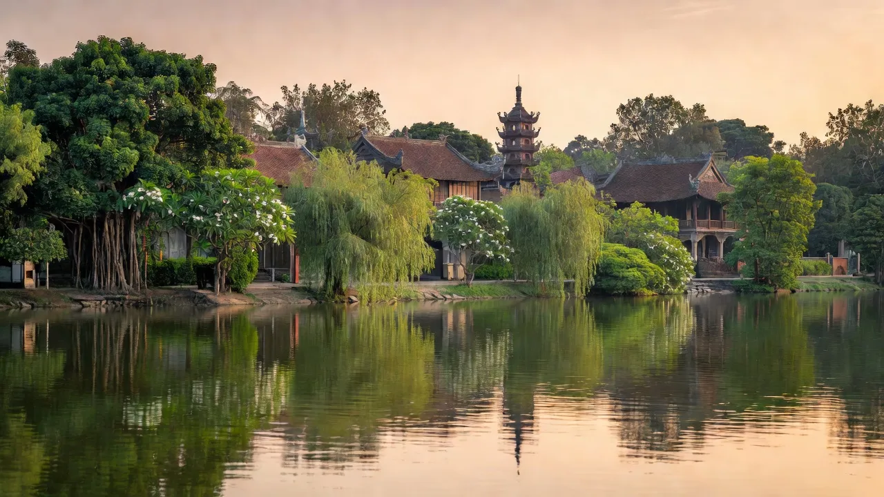 Phong cảnh yên bình của phường Quảng An, huyện Tây Hồ, với Hồ Tây và kiến trúc Việt Nam.