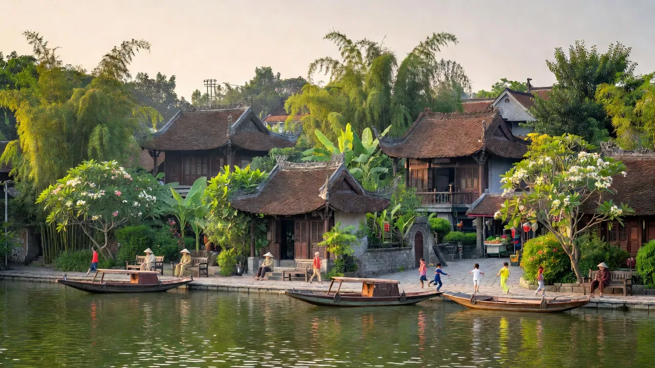 Khung cảnh yên bình tại Phường Thụy Khuê, Quận Tây Hồ, Hà Nội, với Hồ Tây và kiến trúc truyền thống.