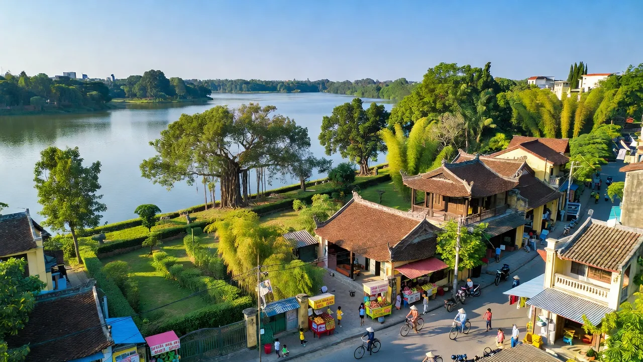 Khung cảnh Phường Xuân La, quận Tây Hồ, Hà Nội với hồ Tây và nhà truyền thống.