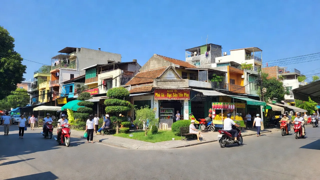 Cảnh đường phố sôi động tại Phường Yên Phụ, Quận Tây Hồ, Hà Nội, với người dân và cửa hàng địa phương.