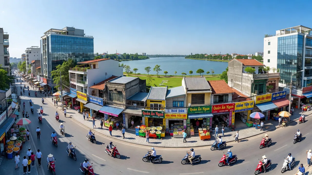Phường Yên Phụ, Quận Tây Hồ, Hà Nội, with bustling streets, modern architecture, and Hồ Tây in the backdrop.