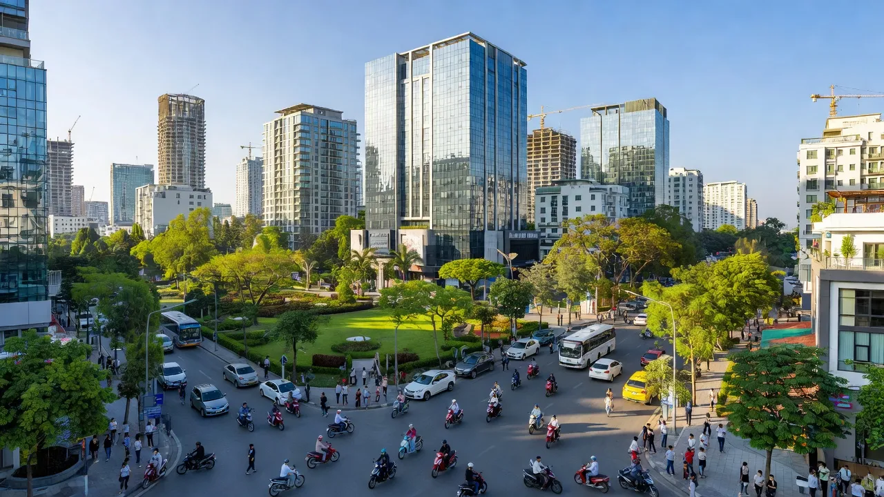 Quận Thanh Xuân, Hà Nội với cảnh quan hiện đại và nhịp sống đô thị sôi động, thời tiết trong lành.