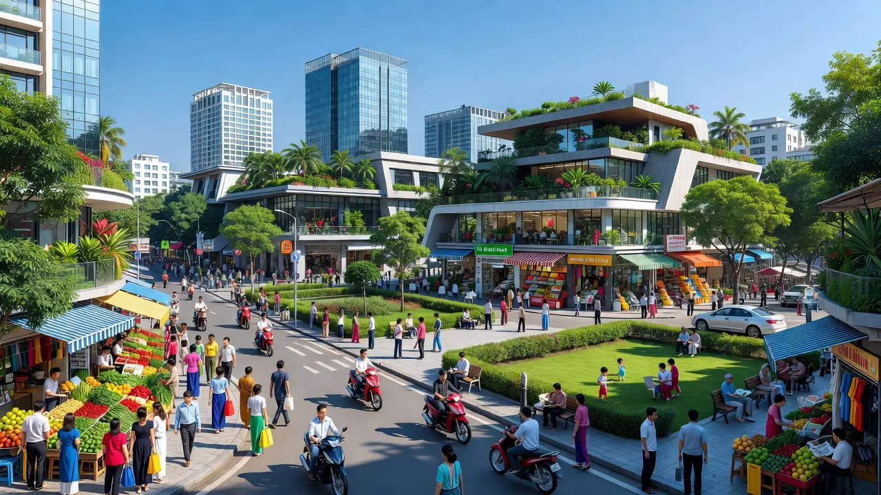 Quận Thanh Xuân, Hà Nội, với kiến trúc hiện đại và không khí sôi động của đô thị.