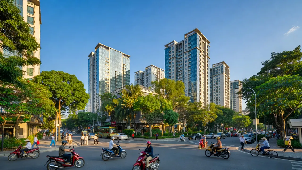 Cảnh quan Phường Hạ Đình, Quận Thanh Xuân, Hà Nội: tòa nhà hiện đại, đường phố nhộn nhịp, bầu trời xanh.