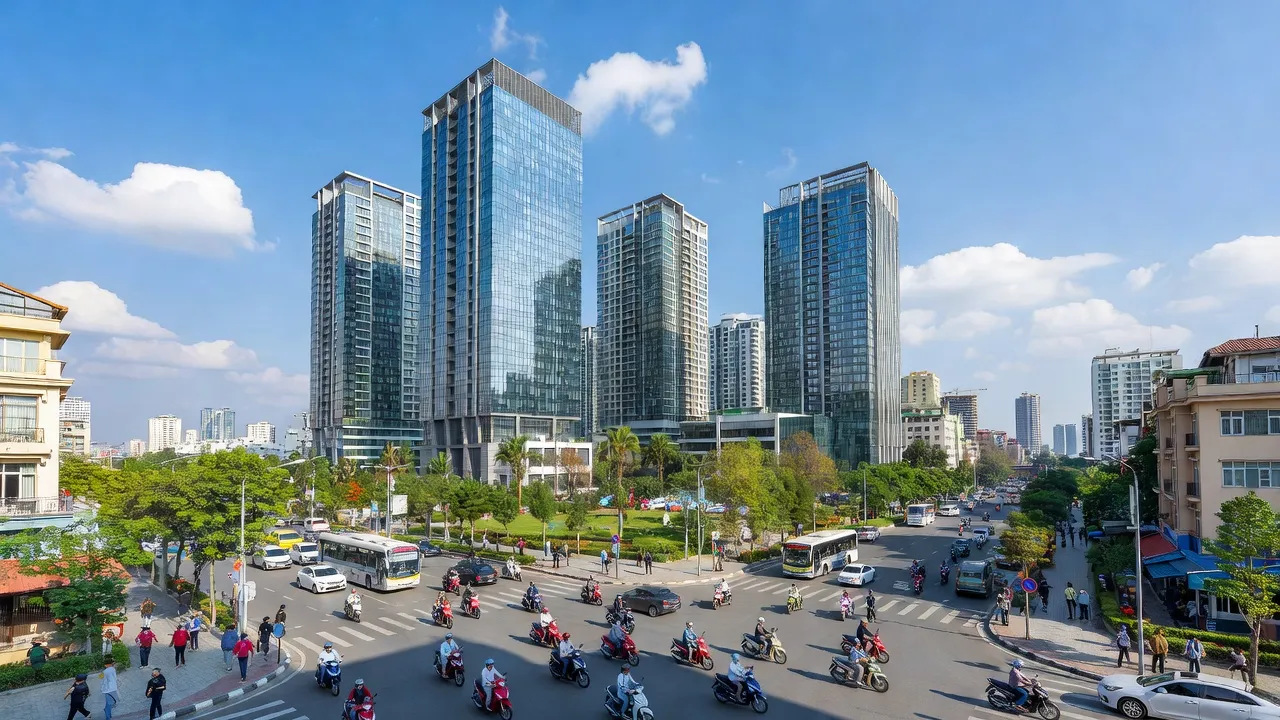 Khung cảnh Phường Khương Đình, Thanh Xuân, Hà Nội với các tòa nhà hiện đại và bầu trời trong xanh.