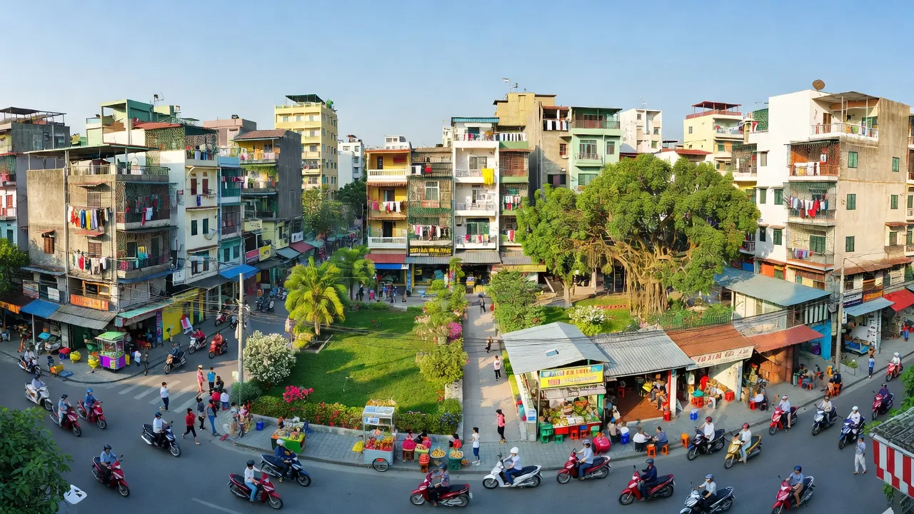 Khương Mai, Thanh Xuân, Hà Nội, khu đô thị đông đúc với cuộc sống hàng ngày và không gian xanh.