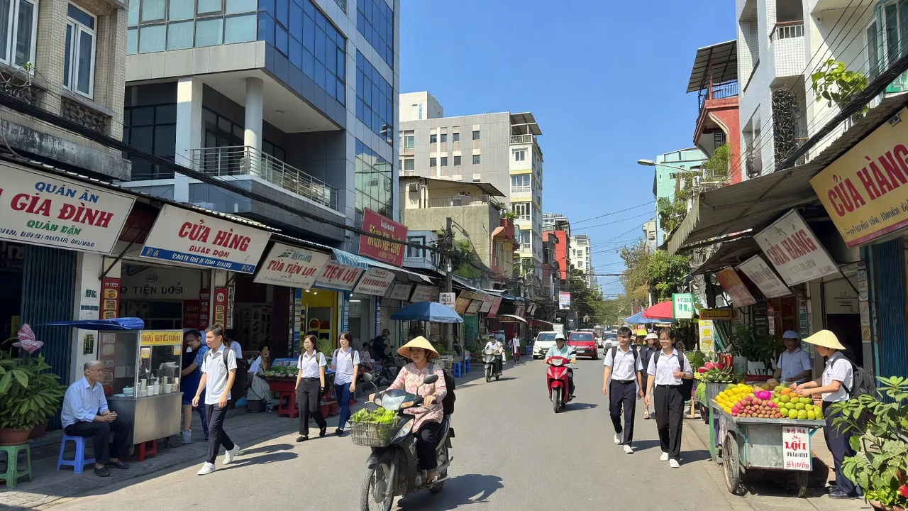 Khung cảnh phố phường Khương Trung, Thanh Xuân, Hà Nội, nhộn nhịp với đời sống đô thị.
