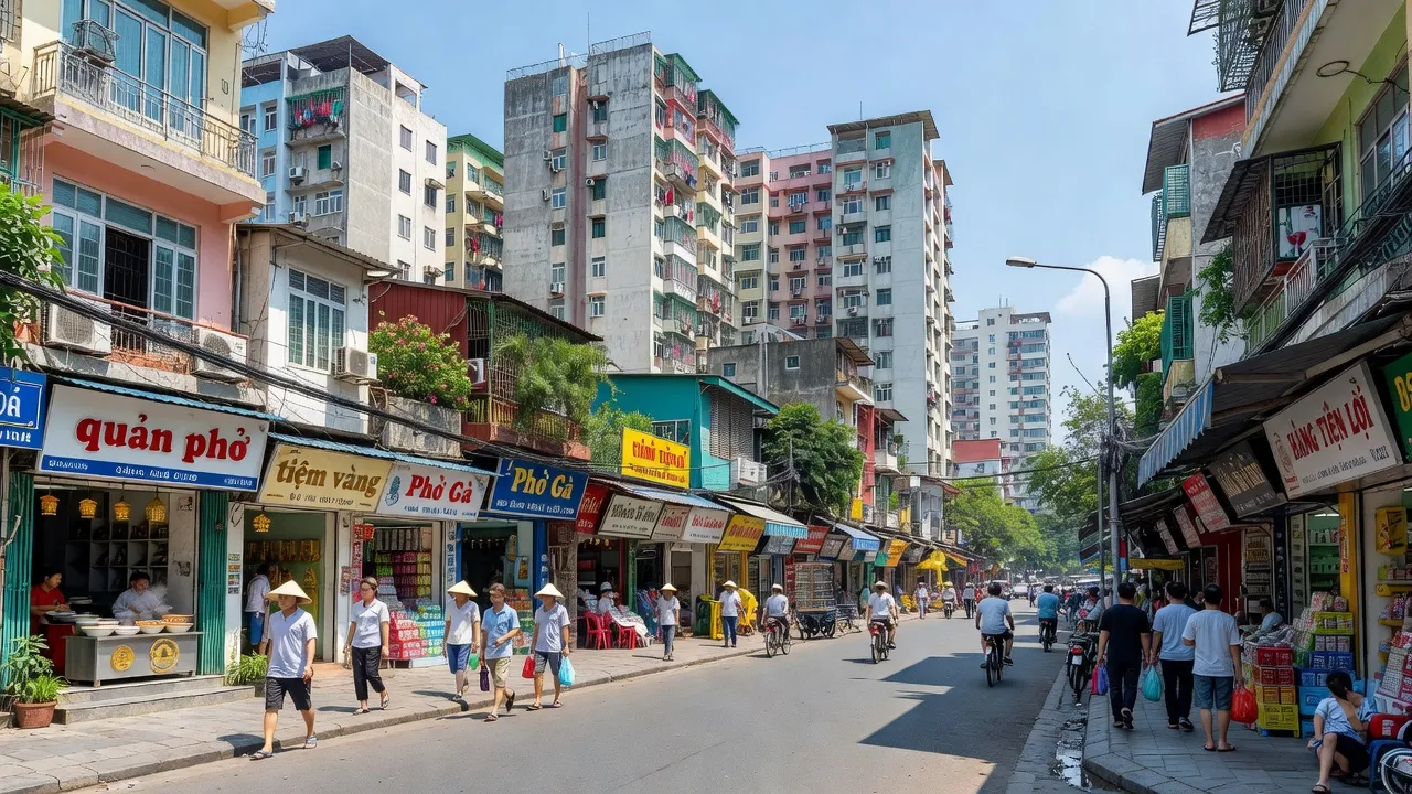 Cảnh phố nhộn nhịp tại Nhân Chính, Thanh Xuân, Hà Nội với nhiều người đi bộ và cửa hàng.