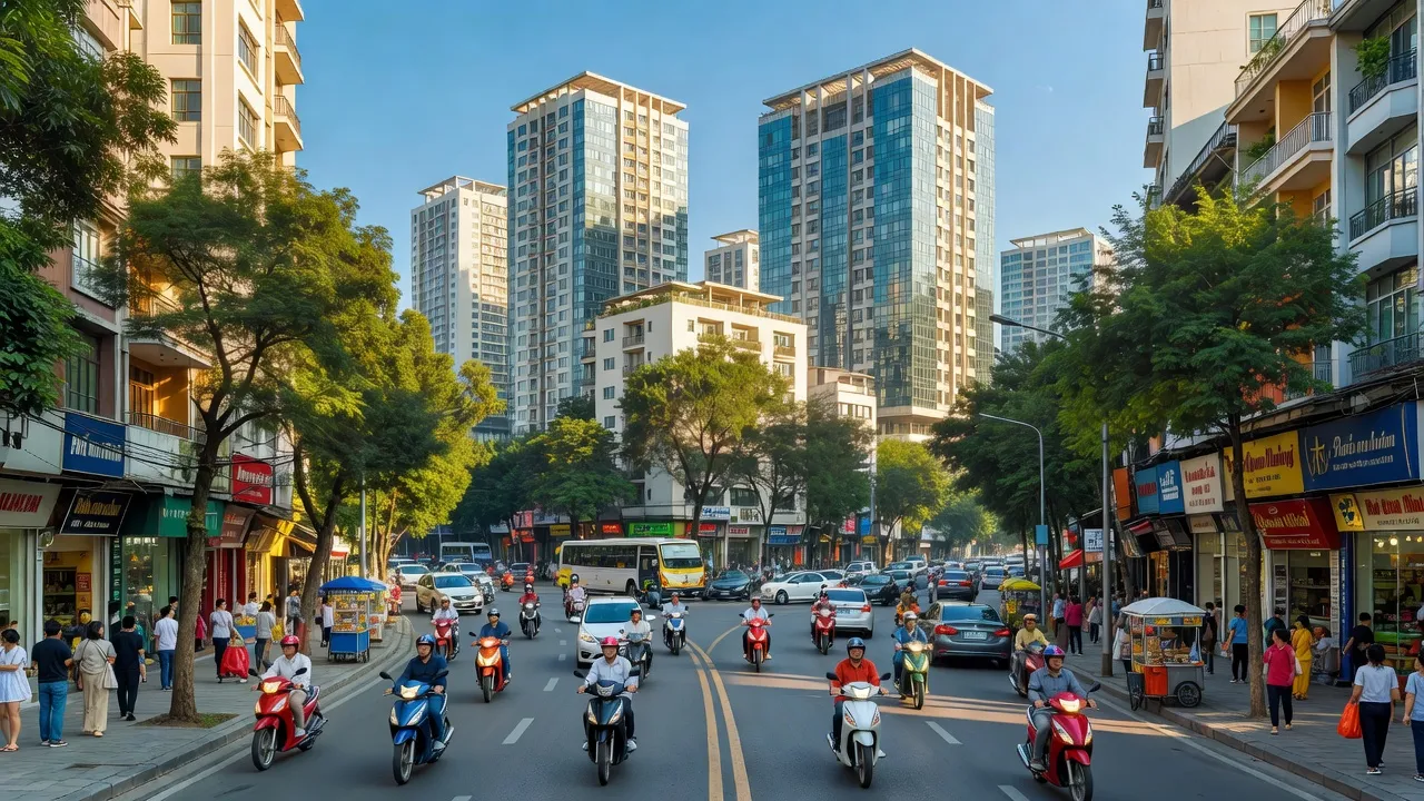 Phố Quan Nhân ở phường Nhân Chính, Thanh Xuân, Hà Nội với tòa nhà và cây xanh, nhịp sống đô thị.
