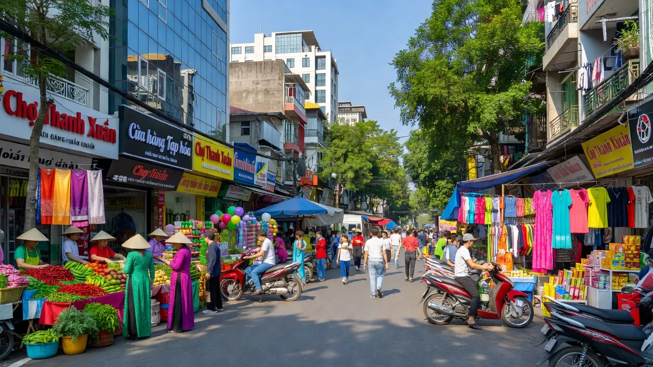 Phường Thanh Xuân Bắc, Quận Thanh Xuân, Hà Nội với không khí đô thị nhộn nhịp, cửa hàng và cây xanh.