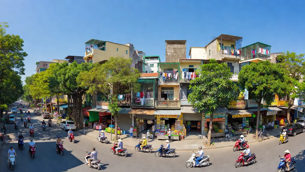 Khung cảnh đô thị nhộn nhịp ở Phường Thanh Xuân Trung, Hà Nội với đường phố và cửa hàng địa phương.