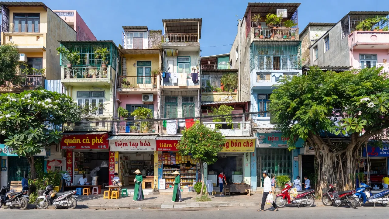 Quang cảnh Phường Thượng Đình, Quận Thanh Xuân, Hà Nội với nhà cửa, cây xanh và hoạt động đường phố.