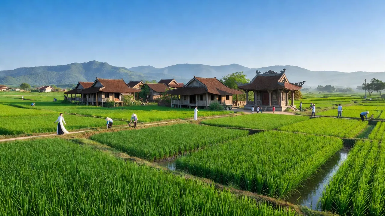 Quốc Oai, Hà Nội hiện lên với cánh đồng xanh và kiến trúc truyền thống Việt Nam, thể hiện sự phát triển.