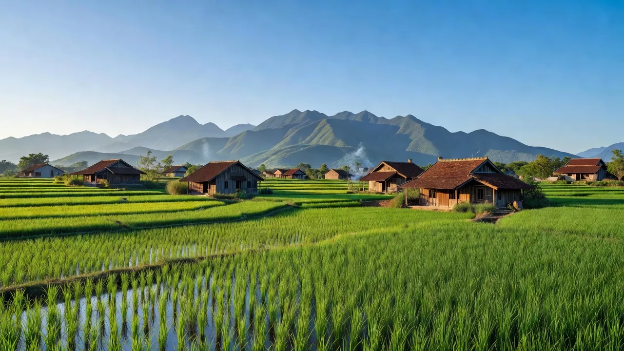 Cảnh đẹp xã Cấn Hữu, huyện Quốc Oai, Hà Nội với ruộng xanh và nhà truyền thống.