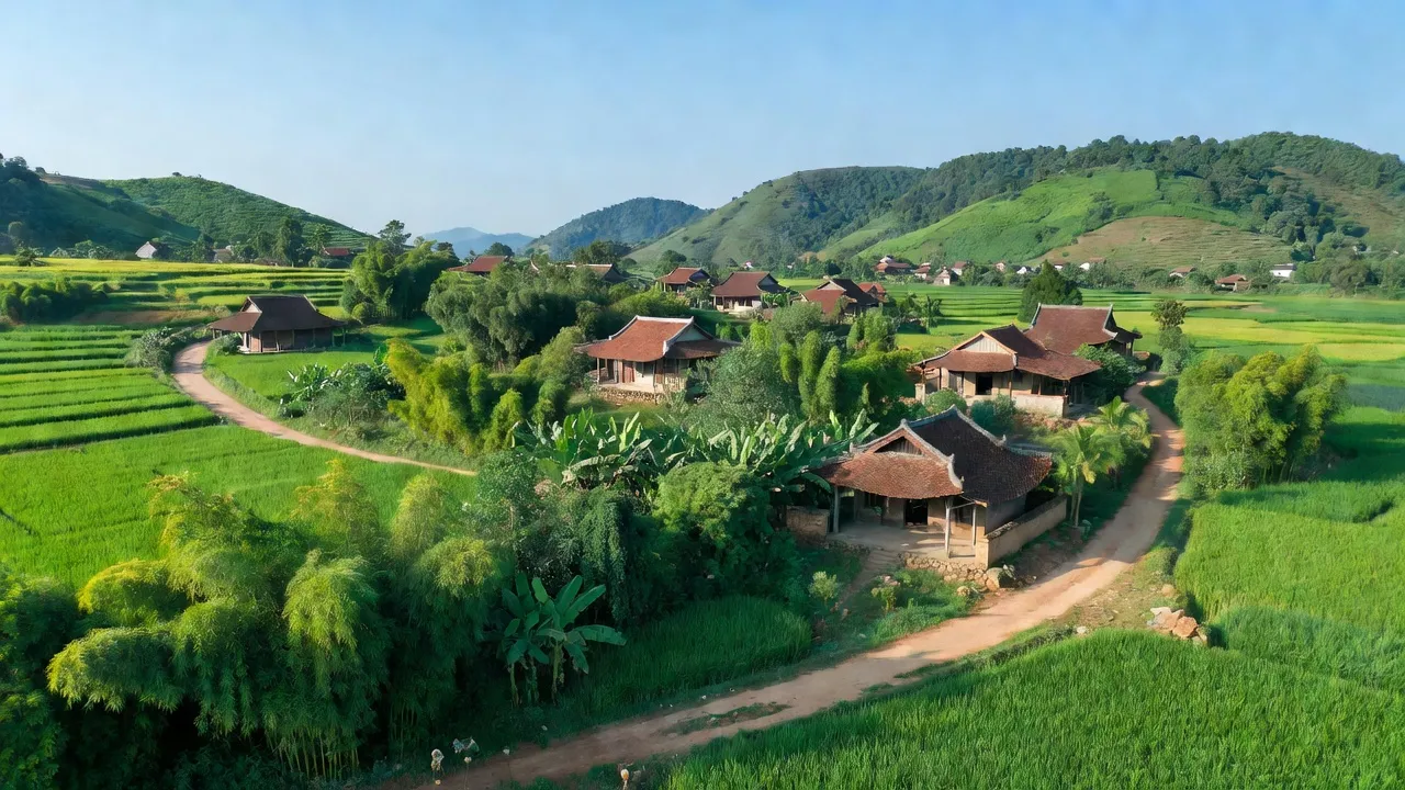 Phong cảnh xã Cấn Hữu, huyện Quốc Oai, Hà Nội với nhà truyền thống và xanh mát.