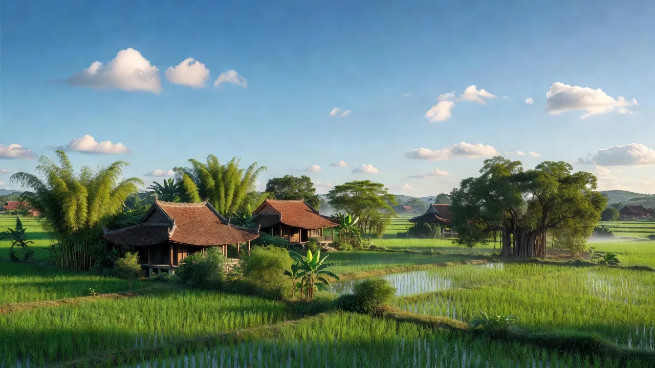 Cảnh đẹp Xã Cộng Hòa ở huyện Quốc Oai, Hà Nội với cánh đồng và kiến trúc truyền thống.