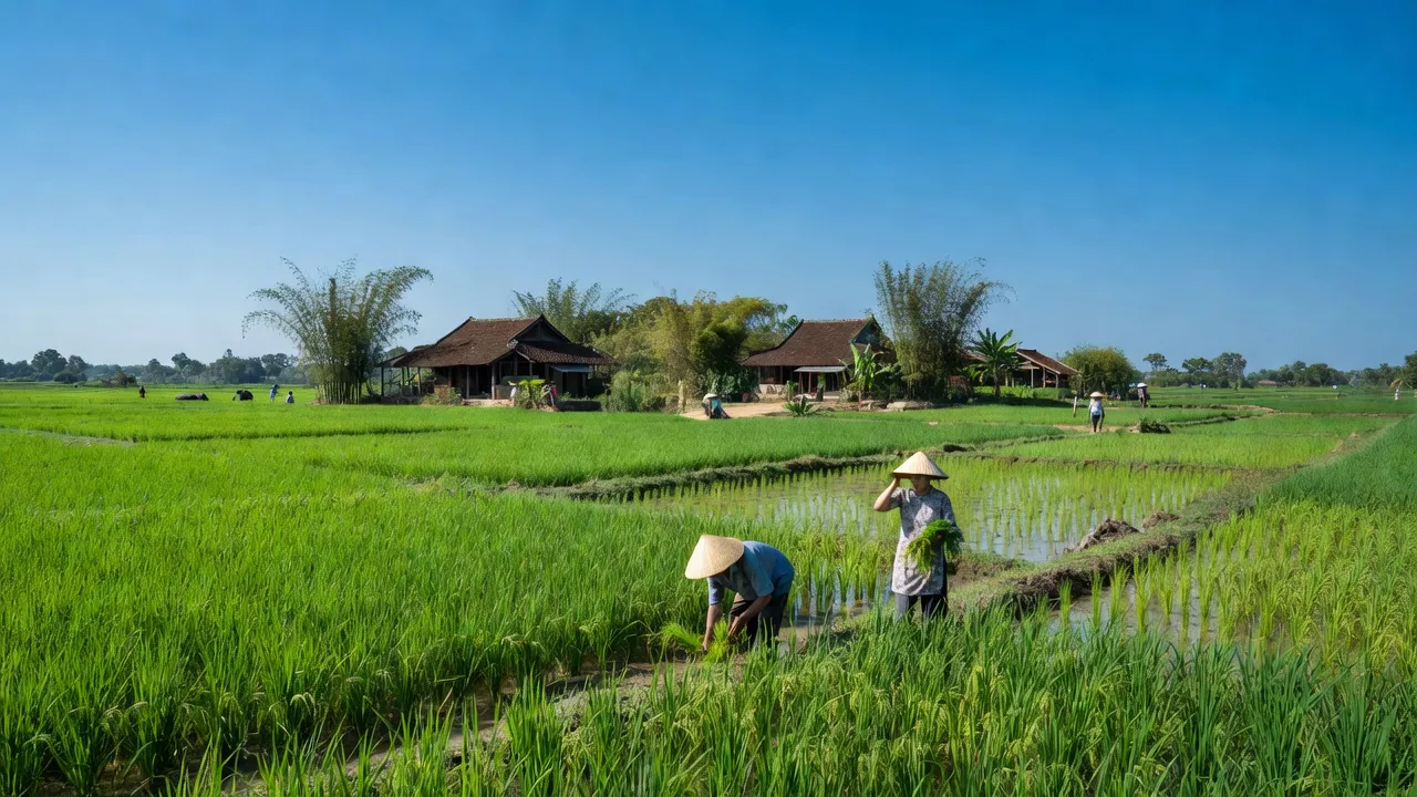 Khung cảnh làng Đồng Quang, huyện Quốc Oai, Hà Nội với đồng xanh và nhà truyền thống.