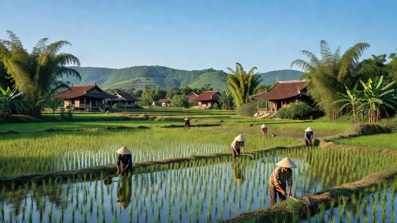 Khung cảnh yên bình xã Đồng Quang, huyện Quốc Oai, Hà Nội với cánh đồng lúa và nhà truyền thống.