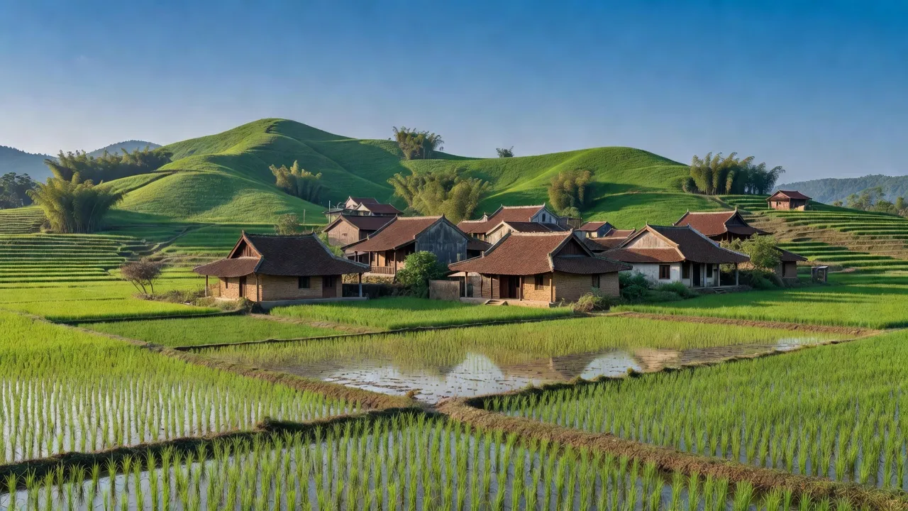 Cảnh đẹp xã Đông Xuân, huyện Quốc Oai, Hà Nội với đồi xanh và cánh đồng lúa.