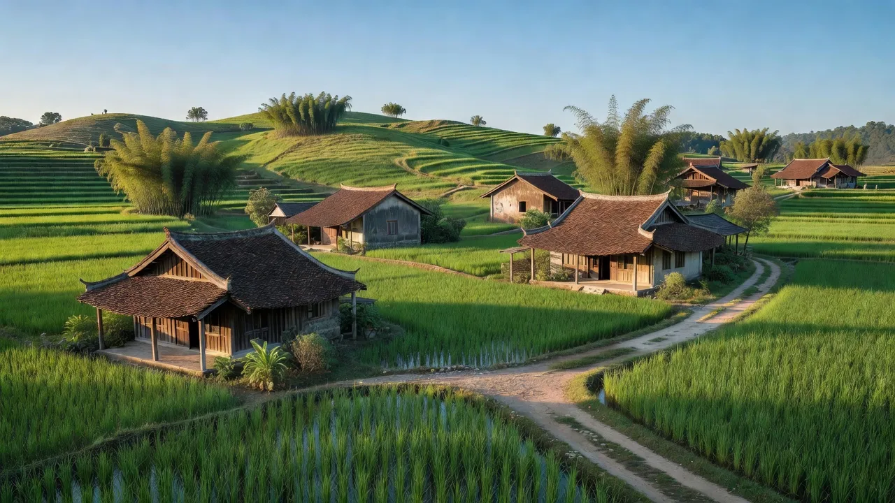 Khung cảnh hữu tình ở xã Đông Xuân, huyện Quốc Oai, Hà Nội với đồi gò và nhà truyền thống.