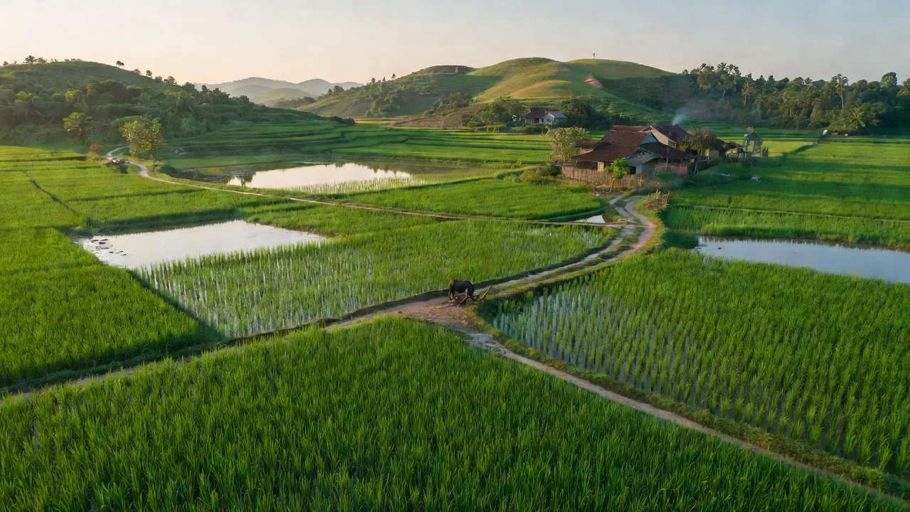 Cánh đồng lúa xanh tươi tại xã Hưng Đạo, huyện Quốc Oai, Hà Nội, thể hiện vẻ đẹp nông thôn.