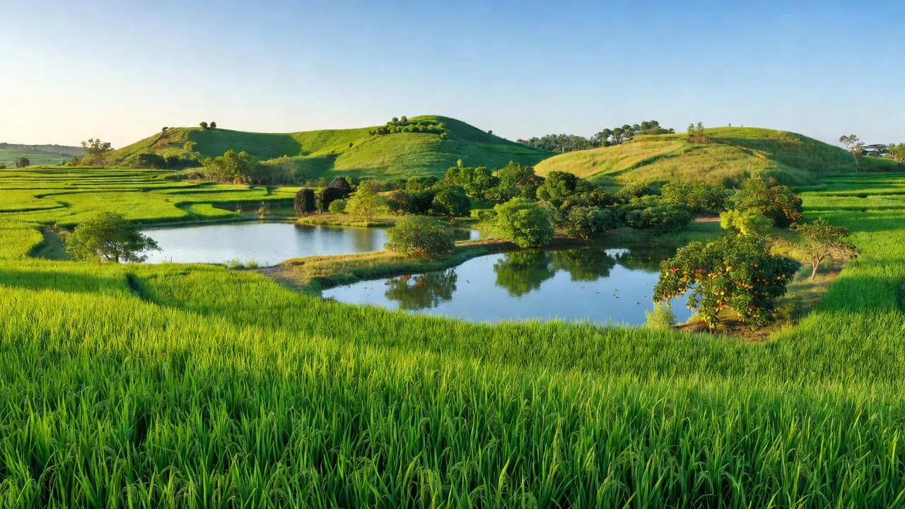Cảnh quan xã Hưng Đạo, huyện Quốc Oai, Hà Nội với cánh đồng, đồi, ao và vườn cây.