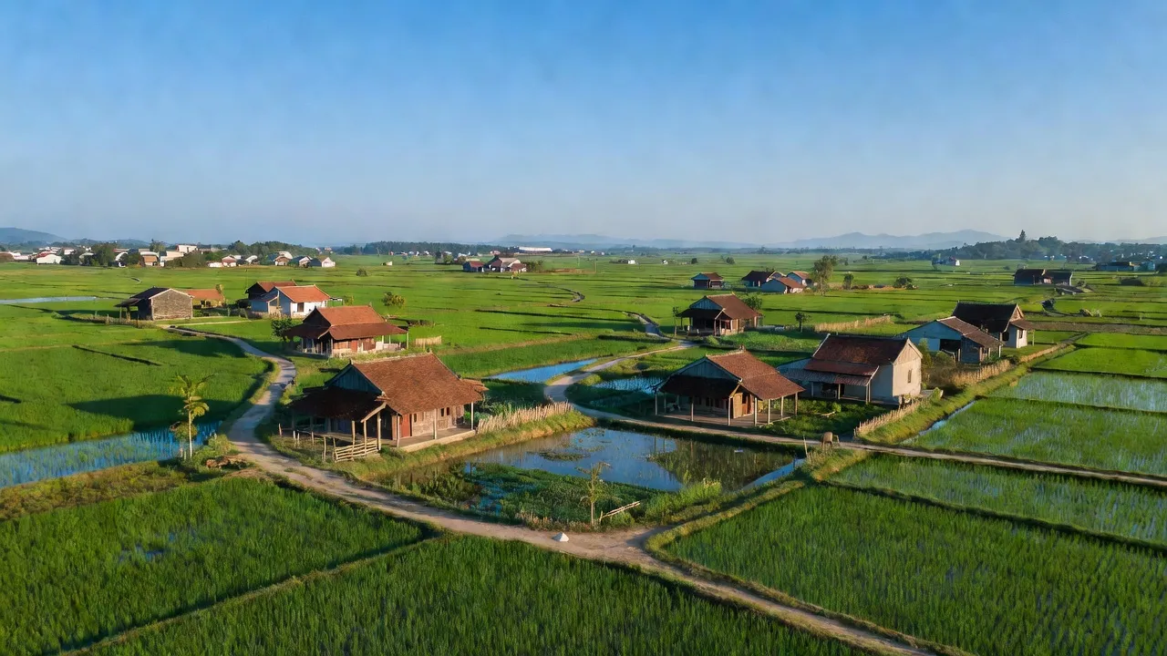 Khung cảnh yên bình xã Ngọc Mỹ, huyện Quốc Oai, Hà Nội với cánh đồng xanh và nhà truyền thống.