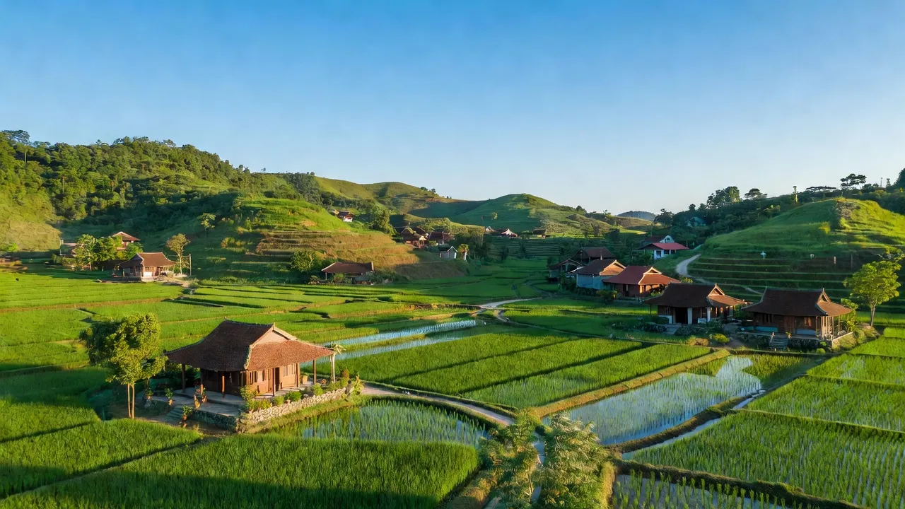 Phong cảnh xã Phú Cát, huyện Quốc Oai, Hà Nội với đồi núi và ruộng đồng tươi đẹp.