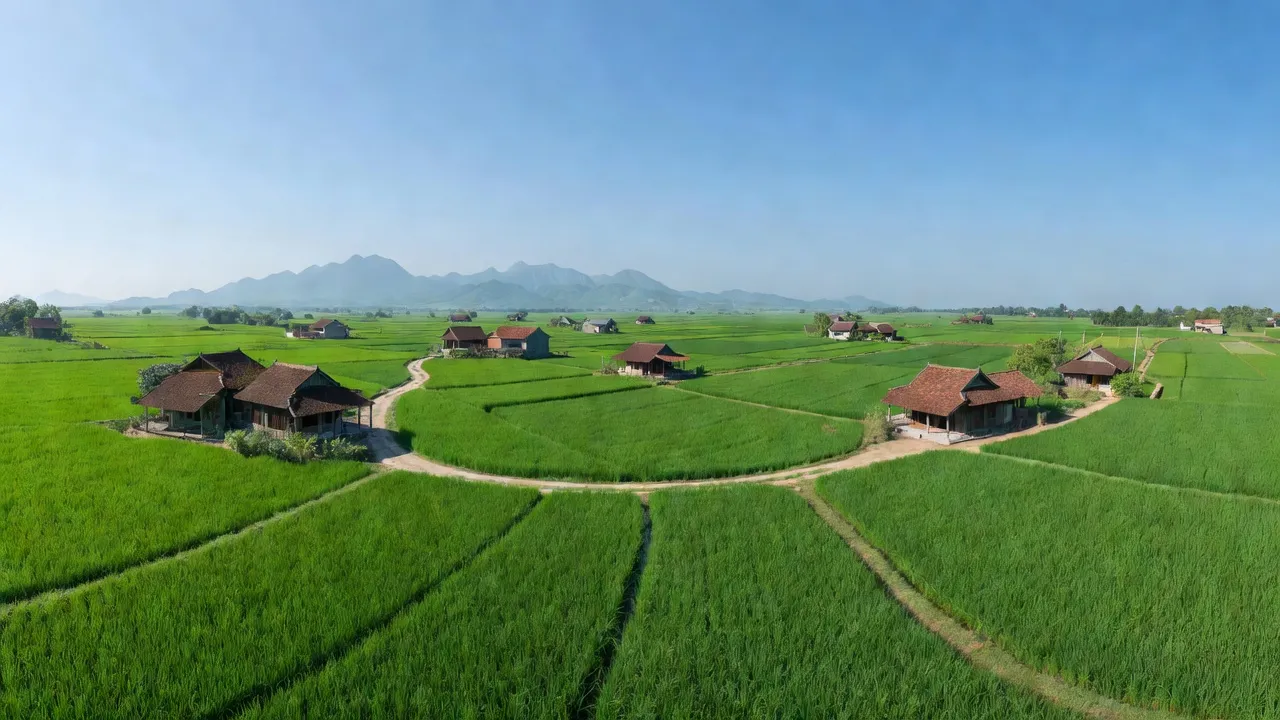Cảnh đẹp Xã Phú Mãn huyện Quốc Oai với cánh đồng xanh và nhà truyền thống Việt Nam.