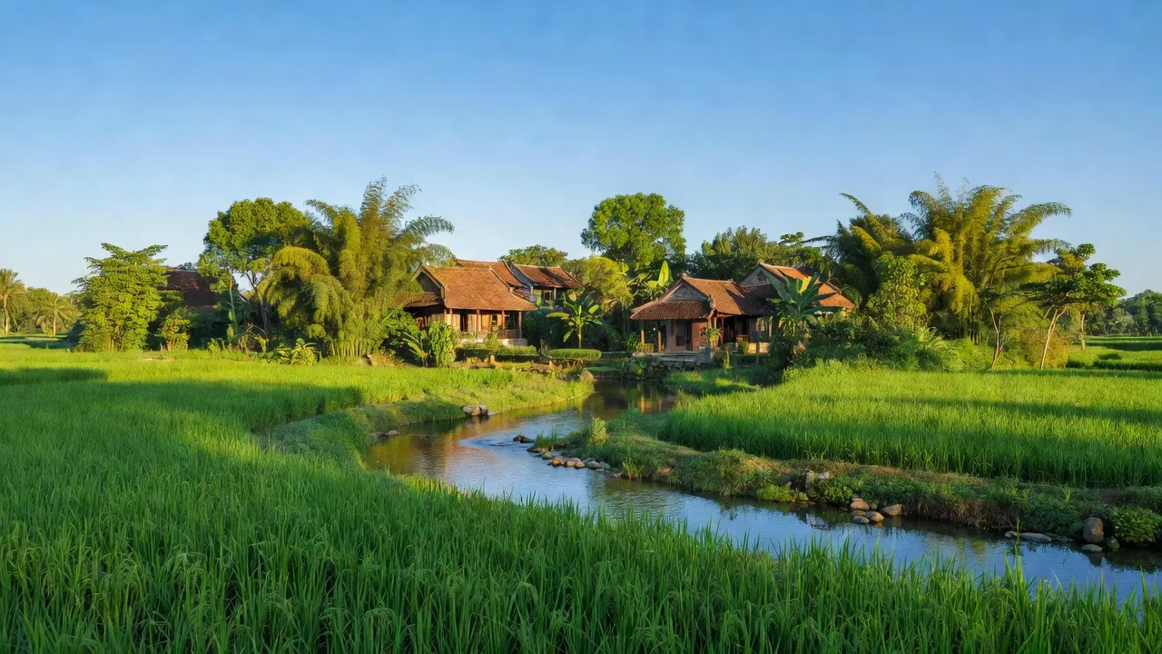 Cảnh quan tươi đẹp xã Phượng Sơn, huyện Quốc Oai, Hà Nội với đồng xanh và nhà truyền thống.