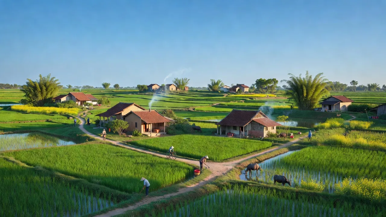 Khung cảnh xanh tươi của xã Phượng Sơn, huyện Quốc Oai, Hà Nội với cánh đồng và nhà nông thôn.