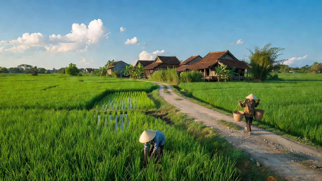 Cảnh sắc yên bình của xã Thạch Thán, huyện Quốc Oai, Hà Nội, với đồng ruộng xanh tươi.