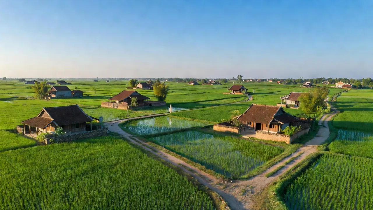 Khung cảnh yên bình ở xã Thạch Thán, huyện Quốc Oai, Hà Nội với những cánh đồng xanh.