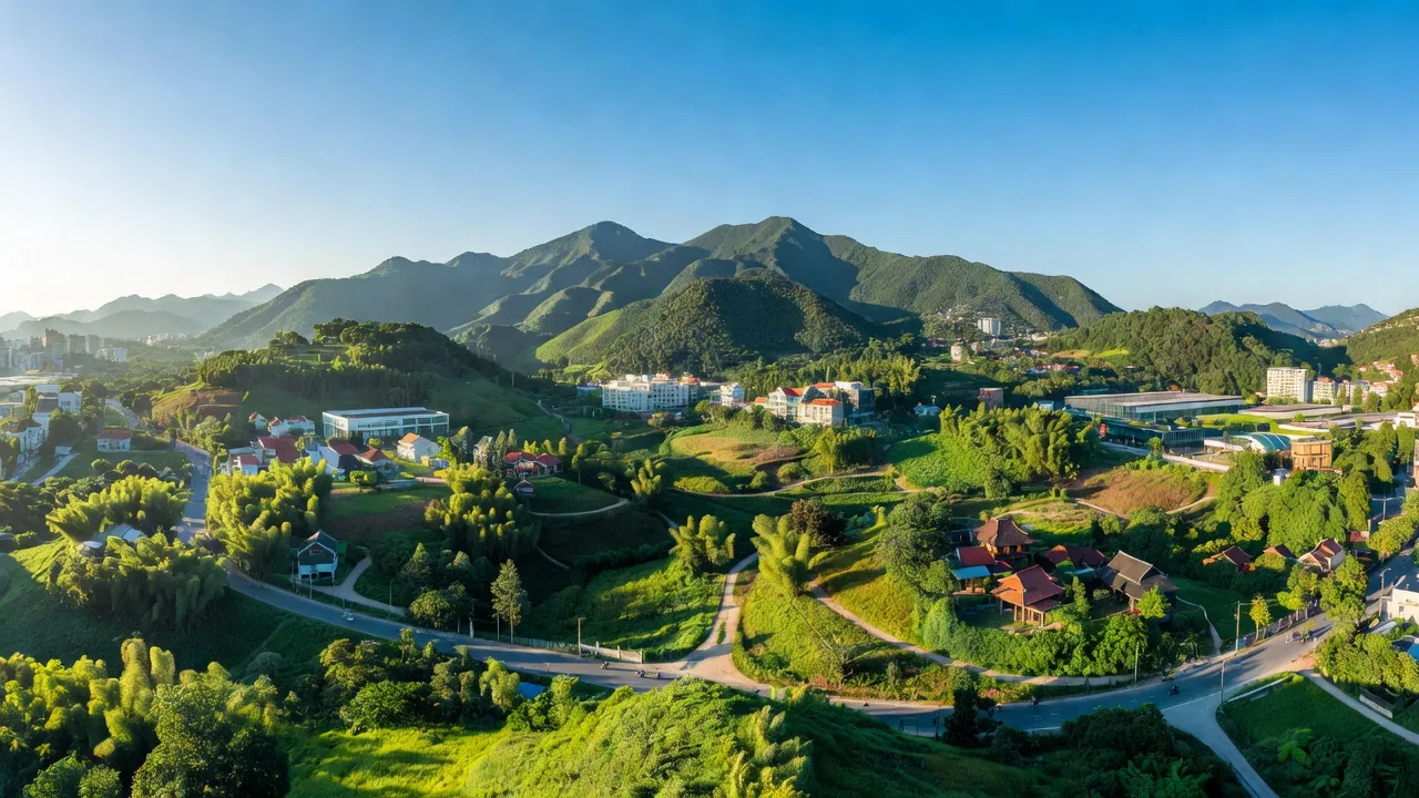 Khung cảnh huyện Sóc Sơn Hà Nội với cảnh quan xanh tươi, những con đường kết nối và bầu trời trong xanh.