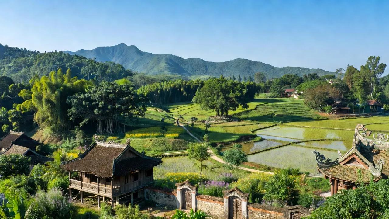 Khung cảnh huyện Sóc Sơn, Hà Nội với núi non, cây cối xanh tươi, và kiến trúc truyền thống.