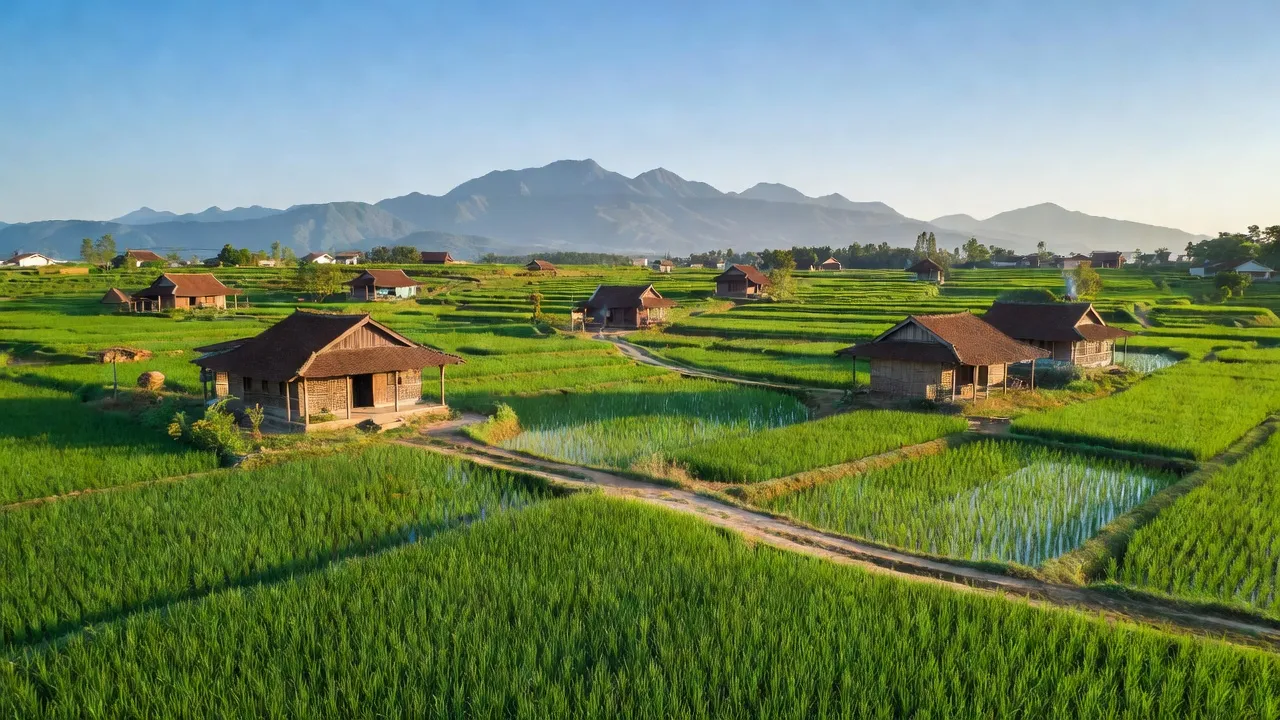 Cảnh đẹp xã Bắc Phú, huyện Sóc Sơn, Hà Nội với ruộng lúa xanh tươi và nhà truyền thống.