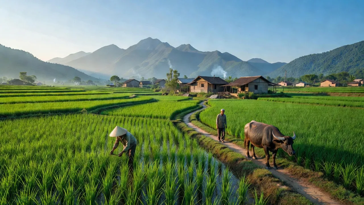 Bắc Sơn, huyện Sóc Sơn, Hà Nội với cánh đồng xanh và núi non dưới bầu trời trong xanh.