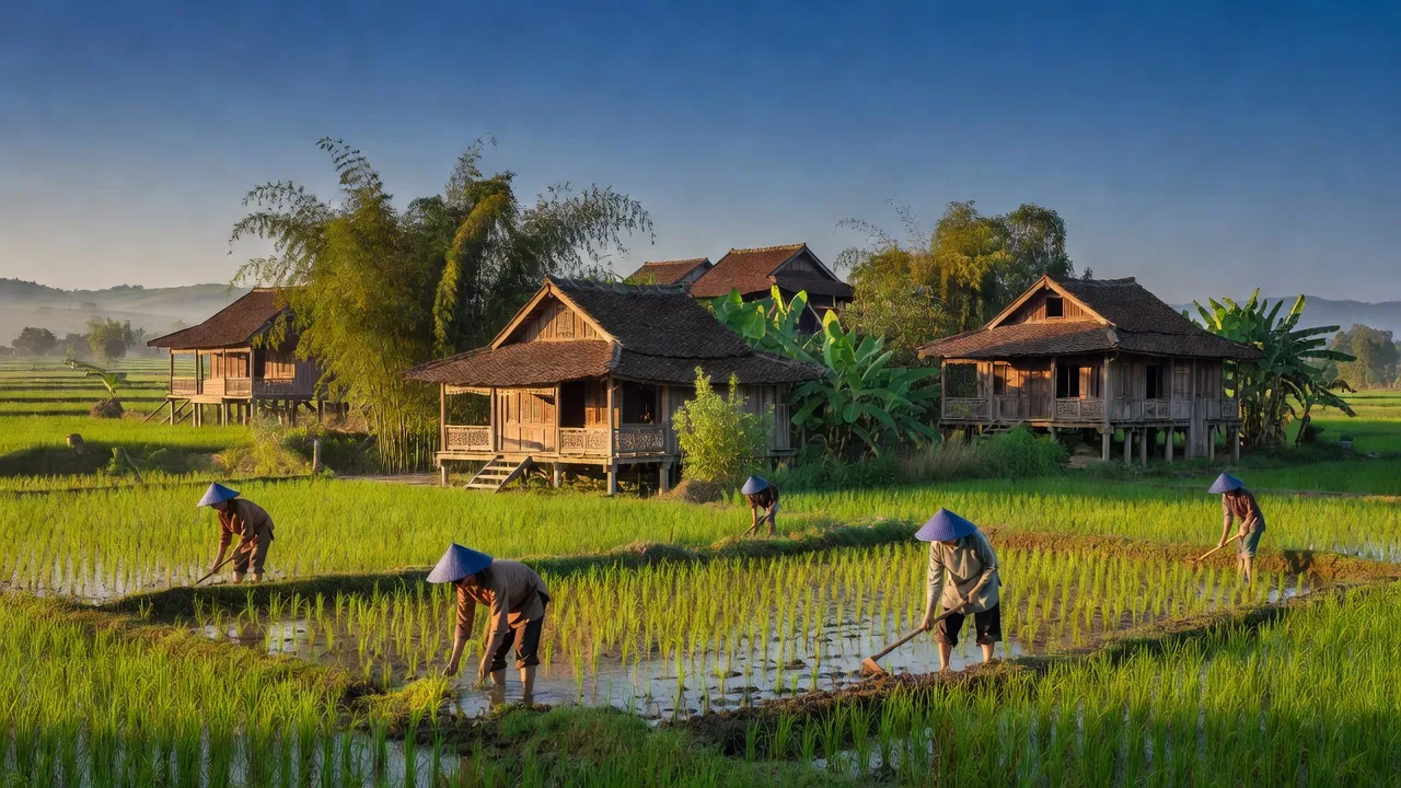 Cảnh đẹp xã Đông Xuân, huyện Sóc Sơn, Hà Nội với kiến trúc Bắc Bộ và thiên nhiên xanh tốt.