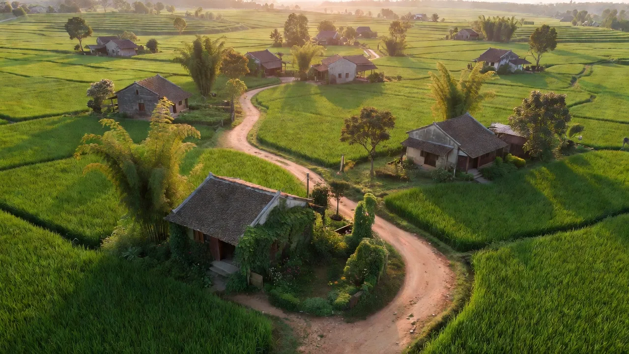 Cảnh đẹp xã Đức Hoà, huyện Sóc Sơn, Hà Nội với đồng xanh và ngôi nhà truyền thống.