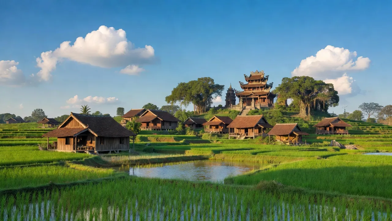 Cảnh quan Xã Hiền Ninh, Huyện Sóc Sơn, Hà Nội với ruộng xanh và đền Sóc nổi bật.
