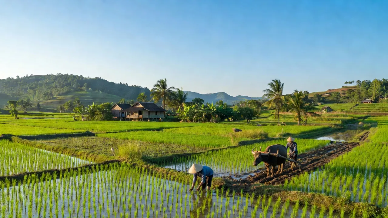 Cảnh đẹp tại xã Hồng Kỳ, huyện Sóc Sơn, Hà Nội với đồng ruộng xanh tươi và hoạt động nông nghiệp.